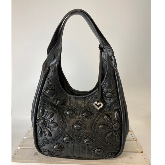 BRIGHTON LOCK HEART ISSIE BLACK LEATHER HOBO RARE FIND - Picture 1 of 16